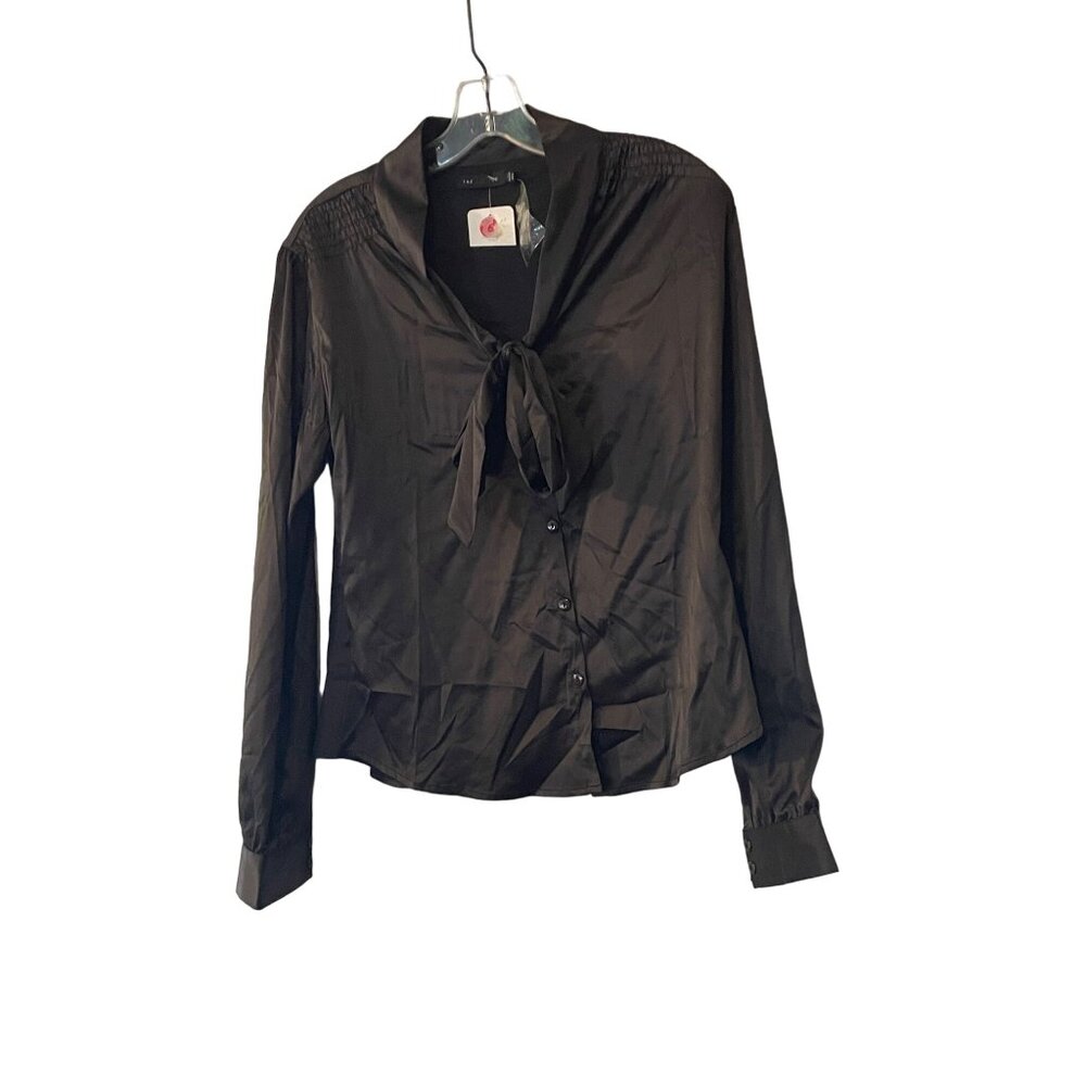 NWT The Limited Women's Brown Silk Blend Button-Up Blouse with Bow Collar #T-5-3